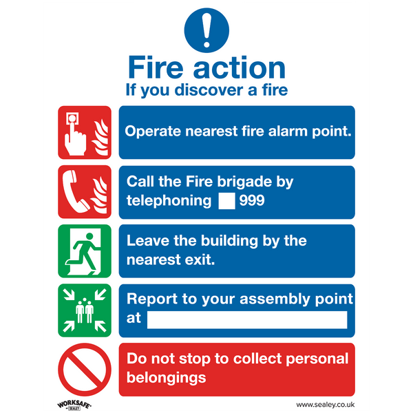 Sealey Safety Signs Fire Action Without Lift - Safe Conditions Safety Sign - Self-Adhesive Vinyl - Pack of 10-SS20V10 5054511990805 SS20V10 - Buy Direct from Spare and Square