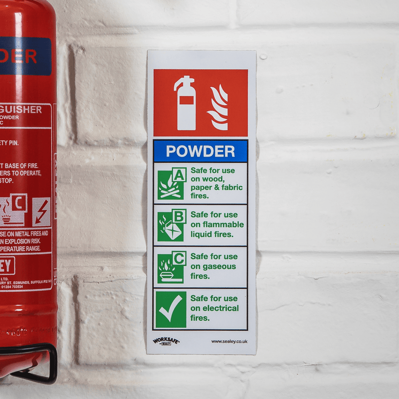 Sealey Safety Signs Powder Fire Extinguisher - Safe Conditions Safety Sign - Self-Adhesive Vinyl-SS52V1 5054630102141 SS52V1 - Buy Direct from Spare and Square