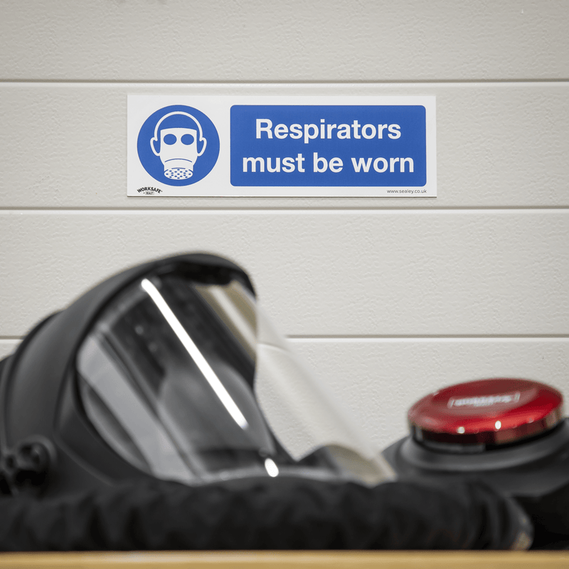 Sealey Safety Signs Respirators Must Be Worn - Mandatory Safety Sign - Self-Adhesive Vinyl-SS56V1 5054630102325 SS56V1 - Buy Direct from Spare and Square