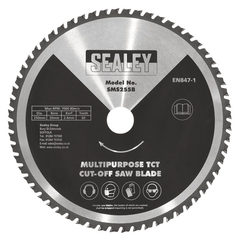Sealey Saw Blades Ø250 x 2.4mm/Ø30mm Multipurpose Cut-Off Saw Blade - 60tpu-SMS255B 5054511087239 SMS255B - Buy Direct from Spare and Square