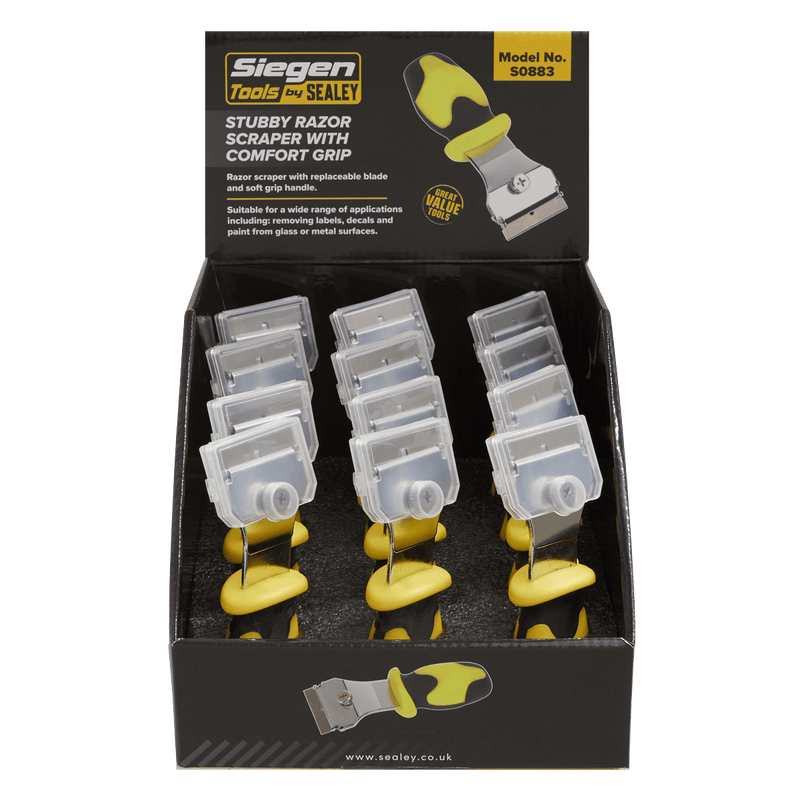 Sealey Scrapers & Hooks Stubby Razor Scraper with Comfort Grip - Display Box of 12-S0883 5051747559745 S0883 - Buy Direct from Spare and Square