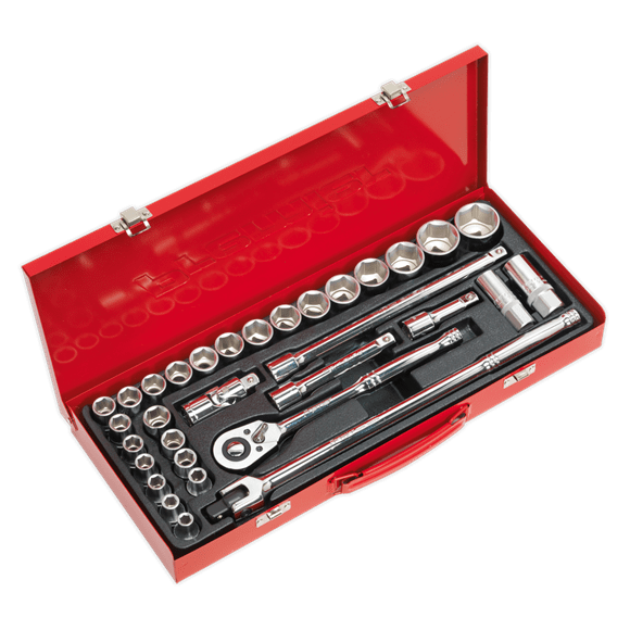 Sealey Socket Set 32 Piece 1/2"Sq Drive, 6Pt WallDrive® Socket Set - Metric/Imperial - Lifetime Guarantee AK693 - Buy Direct from Spare and Square