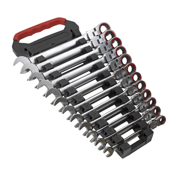 Sealey Spanner Platinum Series Flexi-Head, 12 Piece Ratchet, Metric Combination Spanner Set - Lifetime Guarantee AK63942 - Buy Direct from Spare and Square