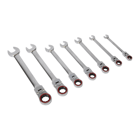 Sealey Spanner Platinum Series Flexi-Head, 7 Piece Ratchet, Metric Combination Spanner Set - Lifetime Guarantee AK63943 - Buy Direct from Spare and Square