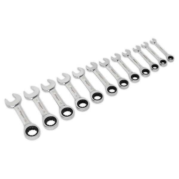 Sealey Spanners 12pc Stubby Ratchet Combination Spanner Set-S0633 5054511382440 S0633 - Buy Direct from Spare and Square