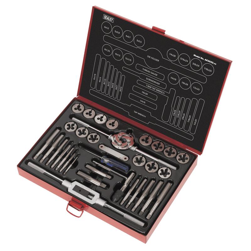 Sealey Thread Cutting 33pc Tap & Die Set Split Dies - Metric/UNF/BSP-AK3033 5054511659221 AK3033 - Buy Direct from Spare and Square
