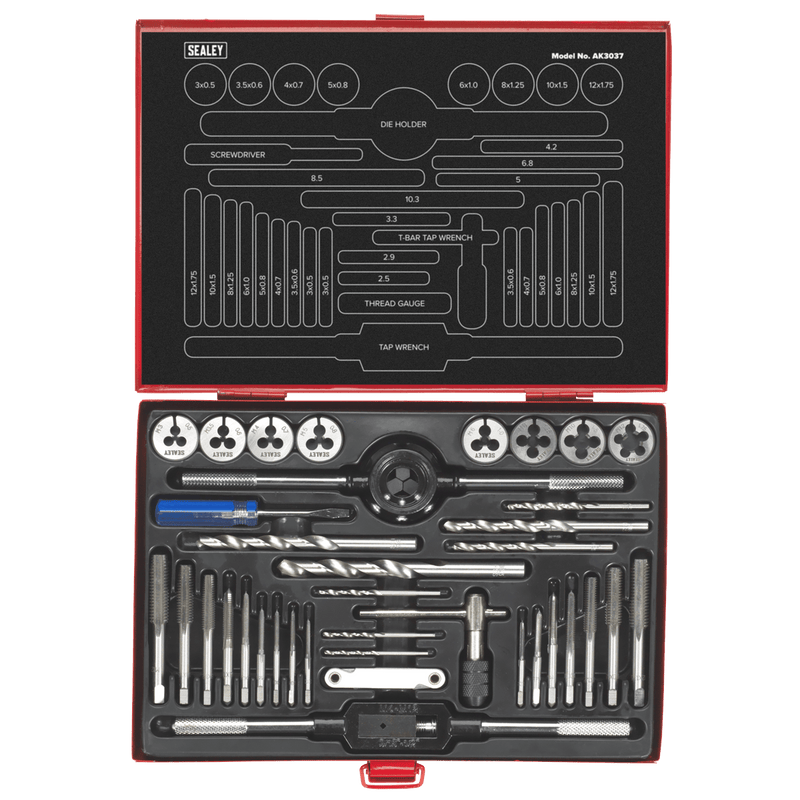 Sealey Thread Cutting 37pc Tap & Die Set Split Dies - Metric-AK3037 5054511235821 AK3037 - Buy Direct from Spare and Square