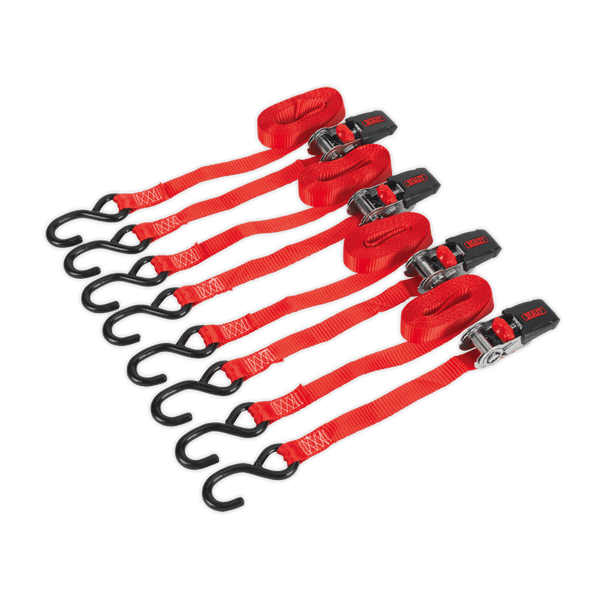 Sealey Tie Downs 25mm x 4m Polyester Webbing Ratchet Strap with S-Hooks 800kg Breaking Strength - 2 Pairs-TD484SD 5054511148473 TD484SD - Buy Direct from Spare and Square