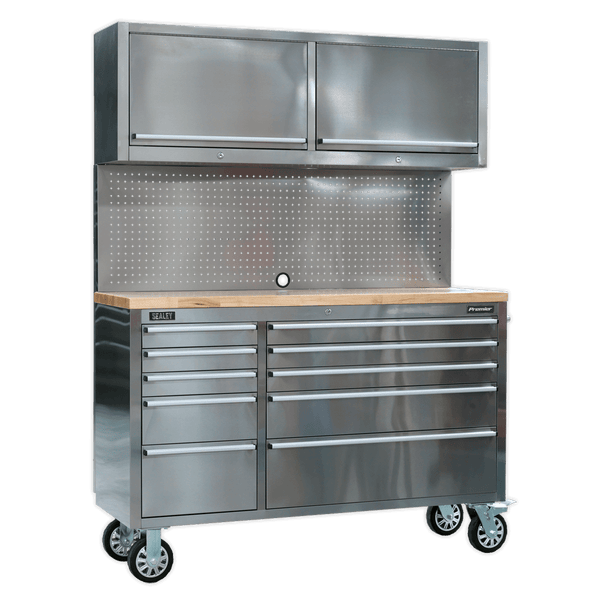 Sealey Tool Chests 10 Drawer & 2 Wall Cupboard Stainless Steel Mobile Tool Cabinet with Backboard-AP5520SS 5054511103038 AP5520SS - Buy Direct from Spare and Square
