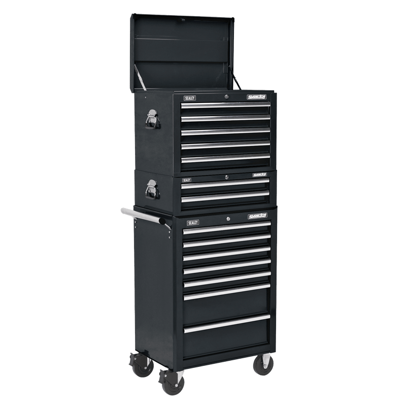 Sealey Tool Chests 14 Drawer Topchest, Mid-Box & Rollcab Combination with Ball-Bearing Slides - Black-APSTACKTB 5054511124675 APSTACKTB - Buy Direct from Spare and Square