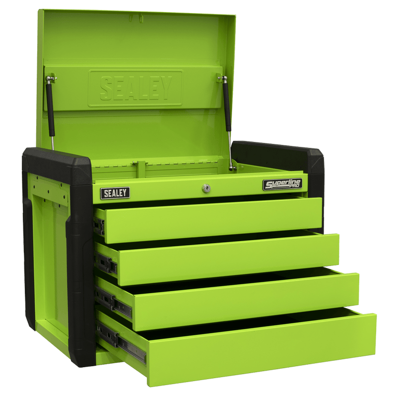 Sealey Tool Chests 4 Drawer Push-to-Open Topchest with Ball-Bearing Slides - Hi-Vis Green-APPD4G 5054630200199 APPD4G - Buy Direct from Spare and Square