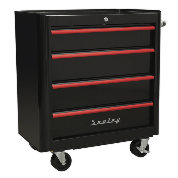 Sealey Tool Chests 4 Drawer Retro Style Rollcab - Black with Red Anodised Drawer Pulls-AP28204BR 5054511105834 AP28204BR - Buy Direct from Spare and Square