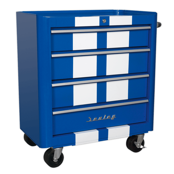 Sealey Tool Chests 4 Drawer Retro Style Rollcab - Blue with White Stripes-AP28204BWS 5054511028355 AP28204BWS - Buy Direct from Spare and Square