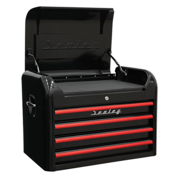 Sealey Tool Chests 4 Drawer Retro Style Topchest - Black with Red Anodised Drawer Pulls-AP28104BR 5054511105803 AP28104BR - Buy Direct from Spare and Square