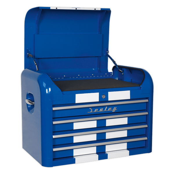 Sealey Tool Chests 4 Drawer Retro Style Topchest - Blue with White Stripes-AP28104BWS 5054511028331 AP28104BWS - Buy Direct from Spare and Square