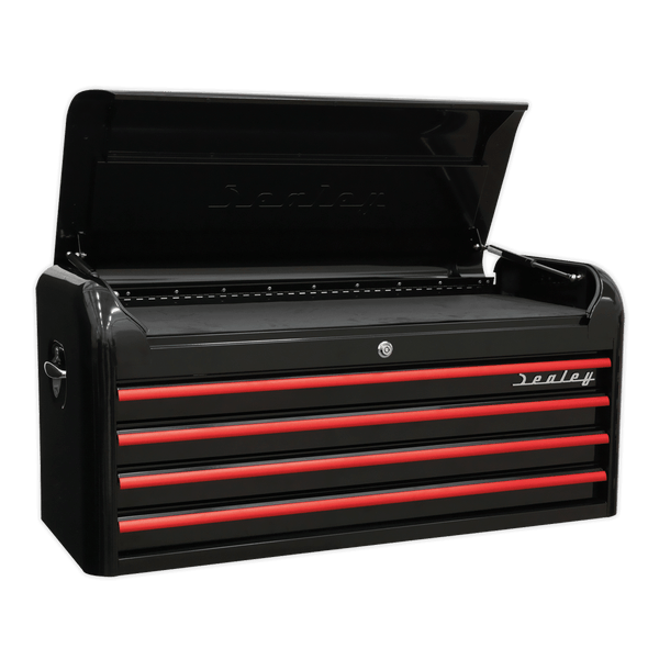 Sealey Tool Chests 4 Drawer Wide Retro Style Topchest - Black with Red Anodised Drawer Pulls-AP41104BR 5054511105780 AP41104BR - Buy Direct from Spare and Square