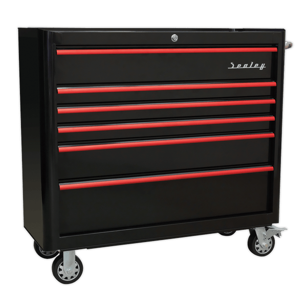 Sealey Tool Chests 6 Drawer Wide Retro Style Rollcab - Black with Red Anodised Drawer Pulls-AP41206BR 5054511105797 AP41206BR - Buy Direct from Spare and Square