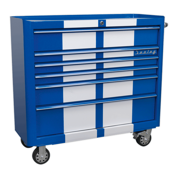 Sealey Tool Chests 6 Drawer Wide Retro Style Rollcab - Blue with White Stripes-AP41206BWS 5054511028348 AP41206BWS - Buy Direct from Spare and Square