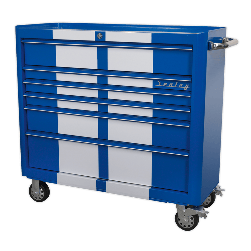 Sealey Tool Chests 6 Drawer Wide Retro Style Rollcab - Blue with White Stripes-AP41206BWS 5054511028348 AP41206BWS - Buy Direct from Spare and Square