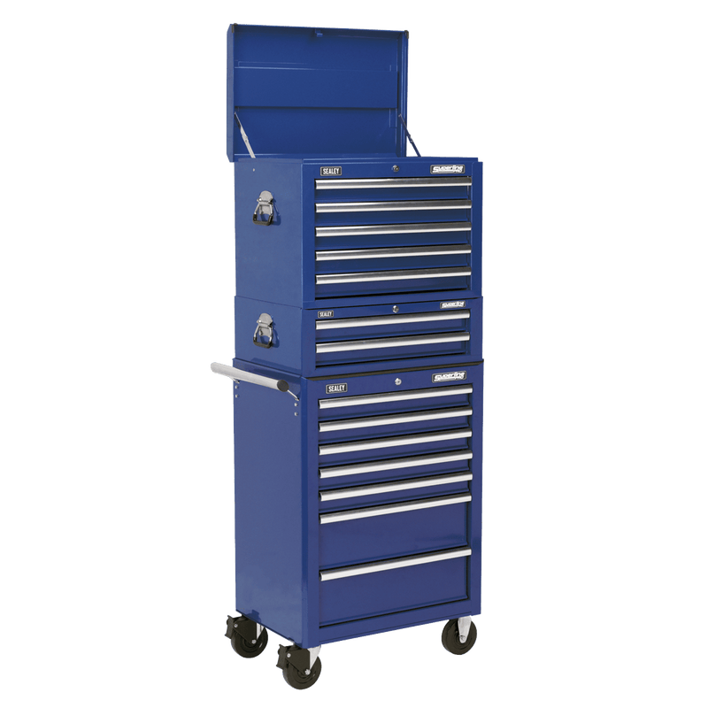 Sealey Tool Chests Topchest, Mid-Box & Rollcab Combination 14 Drawer with Ball-Bearing Slides - Blue-APSTACKTC 5054511124682 APSTACKTC - Buy Direct from Spare and Square