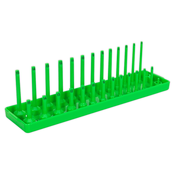 Sealey Tool Storage 1/4"Sq Drive Socket Holder 4-15mm - Hi-Vis Green-SH1414HV 5054511234442 SH1414HV - Buy Direct from Spare and Square