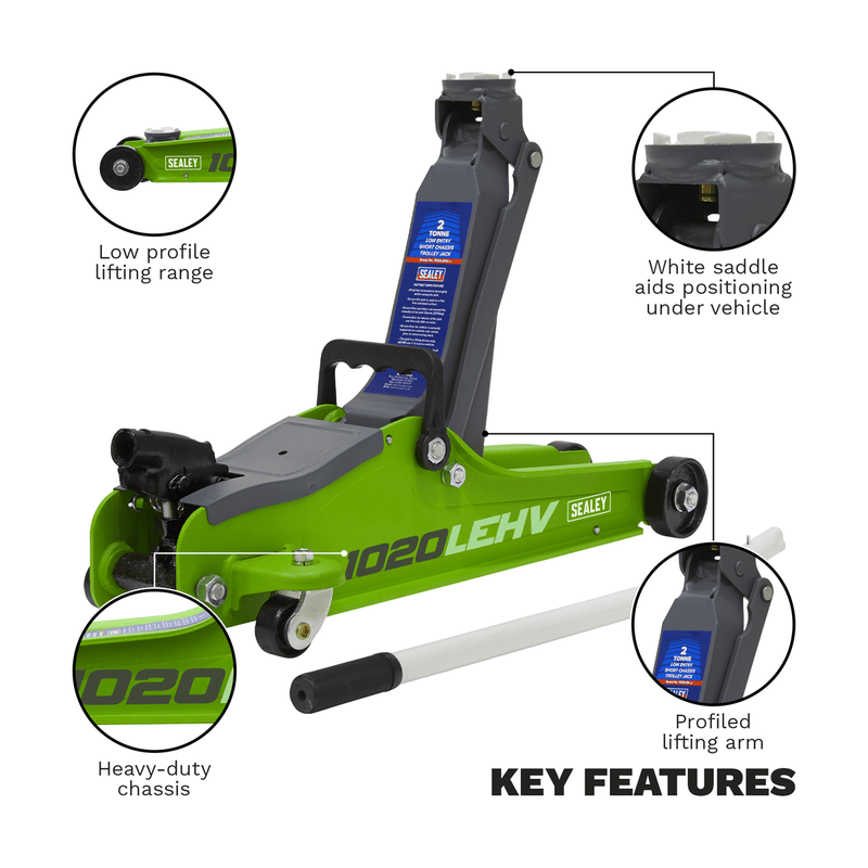 Sealey Trolley Jacks 2 Tonne Low Profile Short Chassis Trolley Jack - Hi-Vis Green-1020LEHV 5054511933727 1020LEHV - Buy Direct from Spare and Square