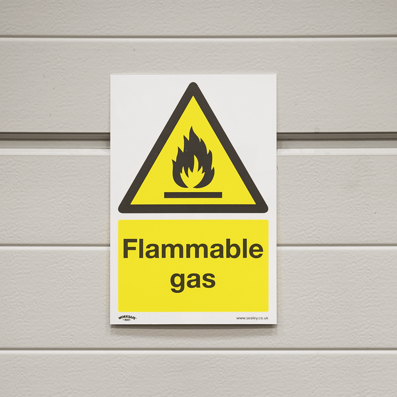 Sealey Warning Safety Sign - Flammable Gas - Self-Adhesive Vinyl - Pack of 10 5054630102257 SS59V10 - Buy Direct from Spare and Square
