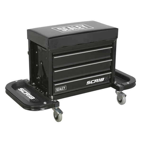 Sealey Workshop Stools Mechanic's Utility Seat & Toolbox - Black-SCR18B 5054511876949 SCR18B - Buy Direct from Spare and Square