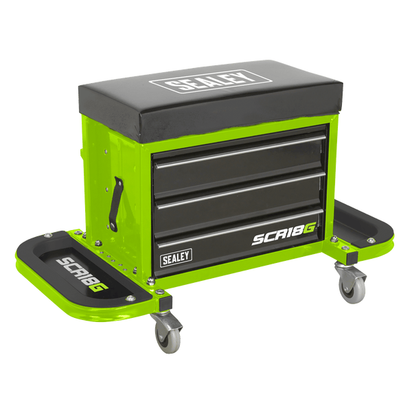 Sealey Workshop Stools Mechanic's Utility Seat & Toolbox - Hi-Vis Green-SCR18G 5054511876918 SCR18G - Buy Direct from Spare and Square