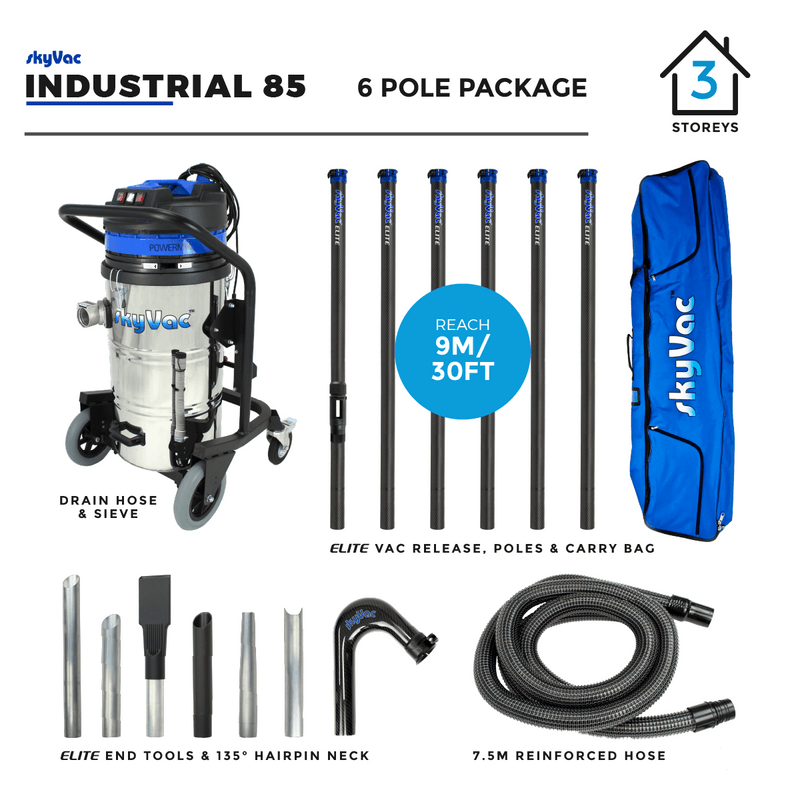 SkyVac Vacuum Cleaner 240v 6 Pole 30ft (9m) SkyVac Industrial 85 With High Reach Pole Set - Triple Motor Machine With Upto 40ft Reach Industrial 85 240v 6 Pole Kit - Buy Direct from Spare and Square