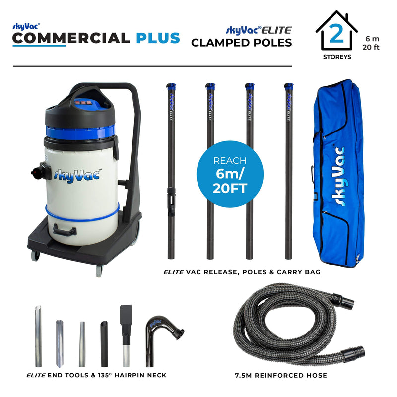 SkyVac Vacuum Cleaner 4 Pole 20ft (6m) SkyVac Commercial Plus - With High Reach Pole Set - 3 Motor Machine With Up to 40ft Reach Commercial 75 4 Pole Kit - Buy Direct from Spare and Square