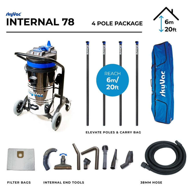 SkyVac Vacuum Cleaner 44mm 4 Pole Clamped Set 20ft (6m) SkyVac Internal 78 With High Suction Pole Set - Upto 40ft - 240v Internal 78 Elevate Clamped 4 Pole Kit - Buy Direct from Spare and Square