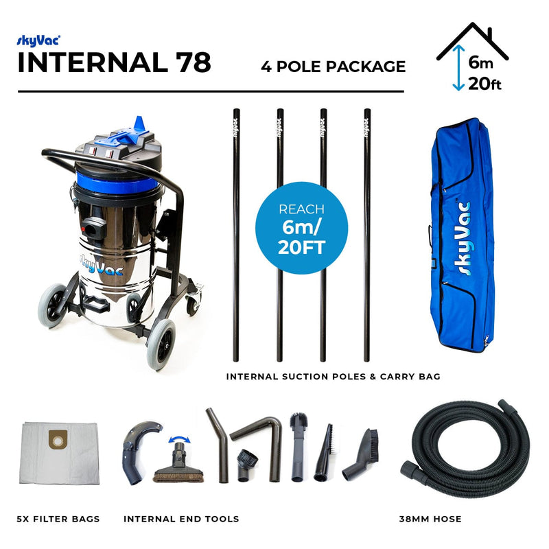 SkyVac Vacuum Cleaner 44mm 4 Pole Push Fit Set 20ft (6m) SkyVac Internal 78 With High Suction Pole Set - Upto 40ft - 240v Internal 78 Push Fit 4 Pole Kit - Buy Direct from Spare and Square