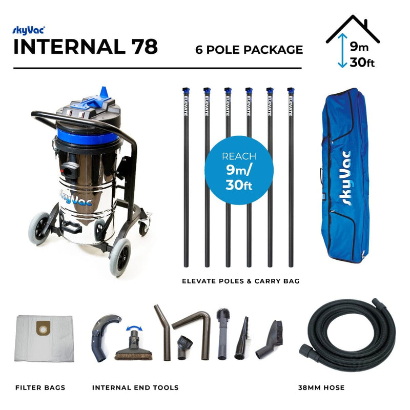 SkyVac Vacuum Cleaner 44mm 6 Pole Clamped Set 30ft (9m) SkyVac Internal 78 With High Suction Pole Set - Upto 40ft - 240v Internal 78 Elevate Clamped 6 Pole Kit - Buy Direct from Spare and Square
