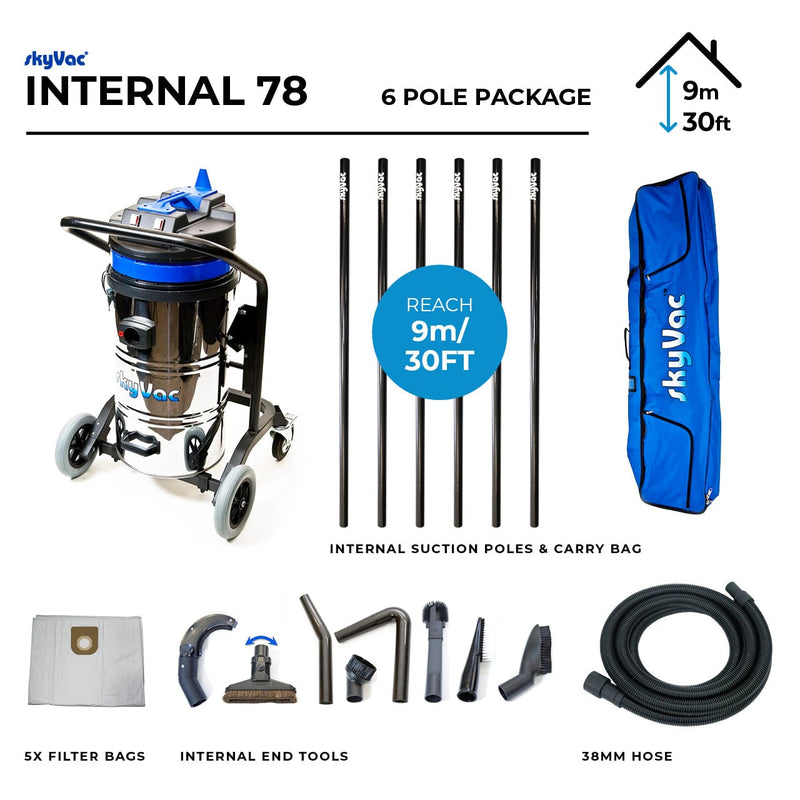 SkyVac Vacuum Cleaner 44mm 6 Pole Push Fit Set 30ft (9m) SkyVac Internal 78 With High Suction Pole Set - Upto 40ft - 240v Internal 78 Push Fit 6 Pole Kit - Buy Direct from Spare and Square