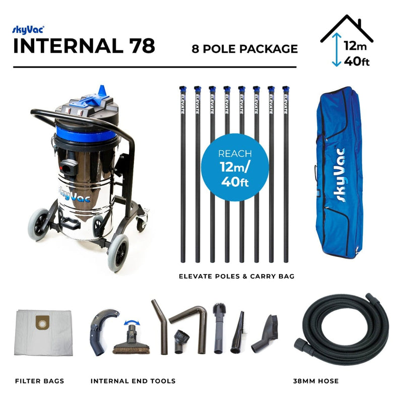 SkyVac Vacuum Cleaner 44mm 8 Pole Clamped Set 40ft (12m) SkyVac Internal 78 With High Suction Pole Set - Upto 40ft - 240v Internal 78 Elevate Clamped 8 Pole Kit - Buy Direct from Spare and Square