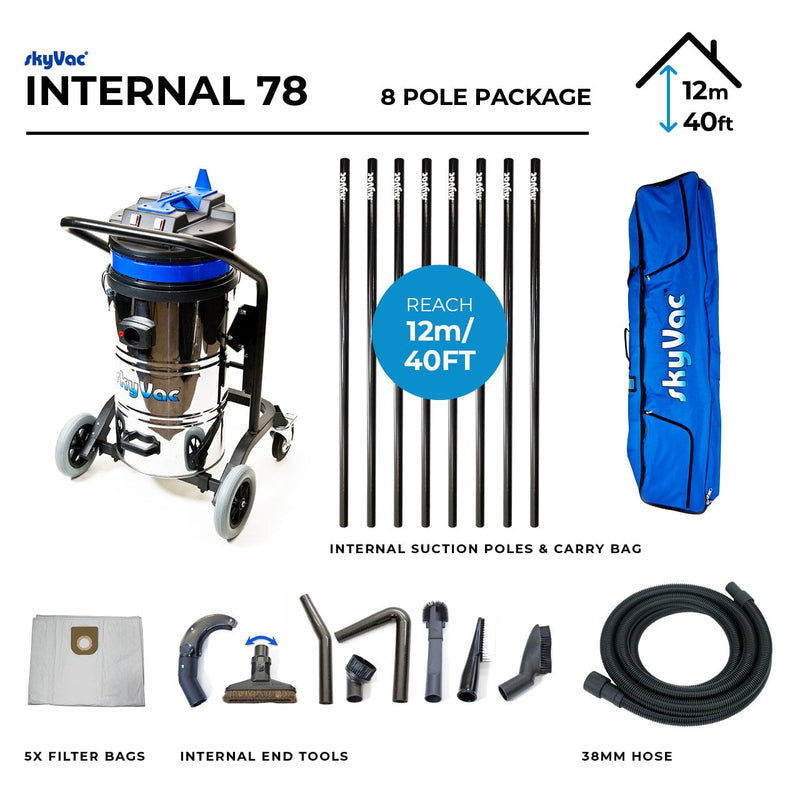 SkyVac Vacuum Cleaner 44mm 8 Pole Push Fit Set 40ft (12m) SkyVac Internal 78 With High Suction Pole Set - Upto 40ft - 240v Internal 78 Push Fit 8 Pole Kit - Buy Direct from Spare and Square