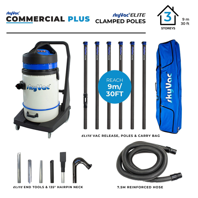 SkyVac Vacuum Cleaner 6 Pole 30ft (9m) SkyVac Commercial Plus - With High Reach Pole Set - 3 Motor Machine With Up to 40ft Reach Commercial 75 6 Pole Kit - Buy Direct from Spare and Square