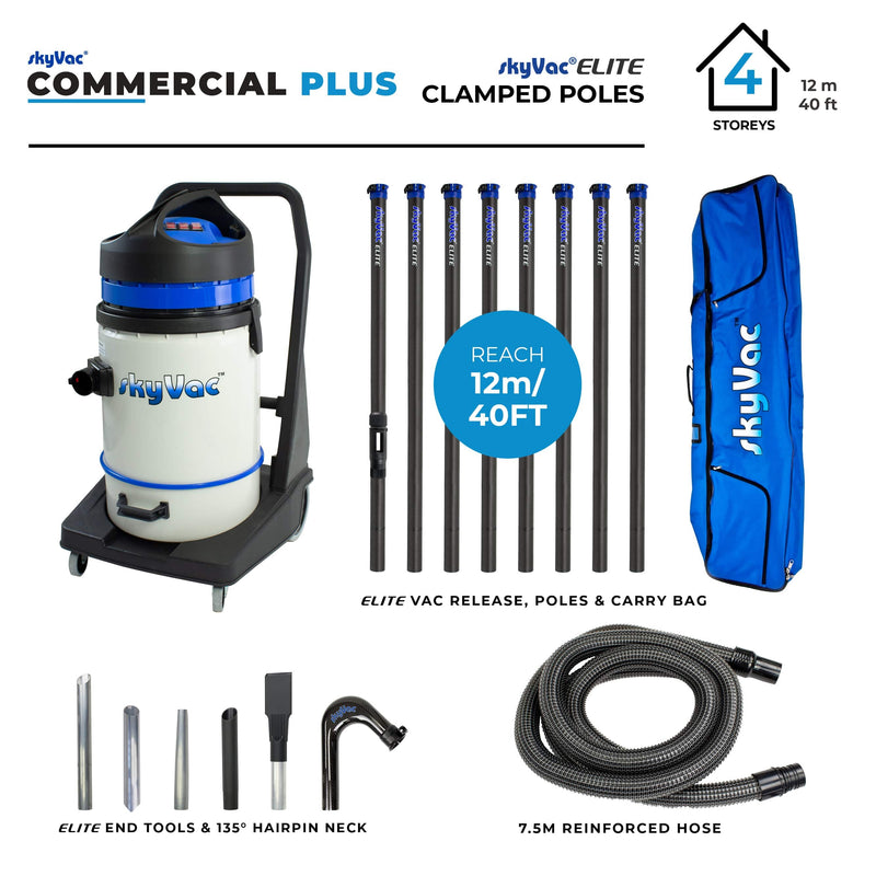 SkyVac Vacuum Cleaner 8 Pole 40ft (12m) SkyVac Commercial Plus - With High Reach Pole Set - 3 Motor Machine With Up to 40ft Reach Commercial 75 8 Pole Kit - Buy Direct from Spare and Square