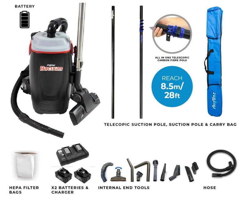 SkyVac Bacuum - High Level Back-Pack Vacuum Cleaner - Mains or Battery - Up To 28ft - Vacuum Cleaner