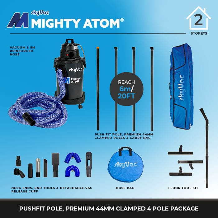 SkyVac Vacuum Cleaner Clamped 44mm 4 Poles 20ft (6m) SkyVac Mighty Atom With High Reach Pole Set - Compact, Light, Powerful 240v Atom Clamped 4 Pole Kit 44mm - Buy Direct from Spare and Square