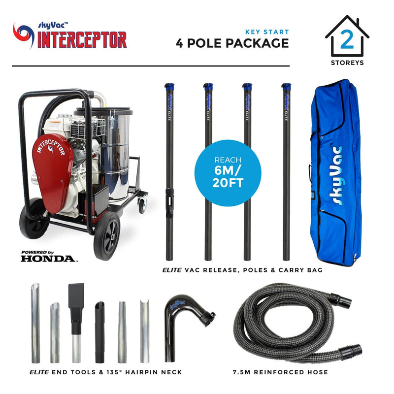 SkyVac Vacuum Cleaner Key Start With 4 Elite Poles 20ft (6m) SkyVac Interceptor With High Reach Pole Set - On Board Honda Engine With Upto 155 Inch Water Lift Interceptor Key Start 4 Pole Kit - Buy Direct from Spare and Square