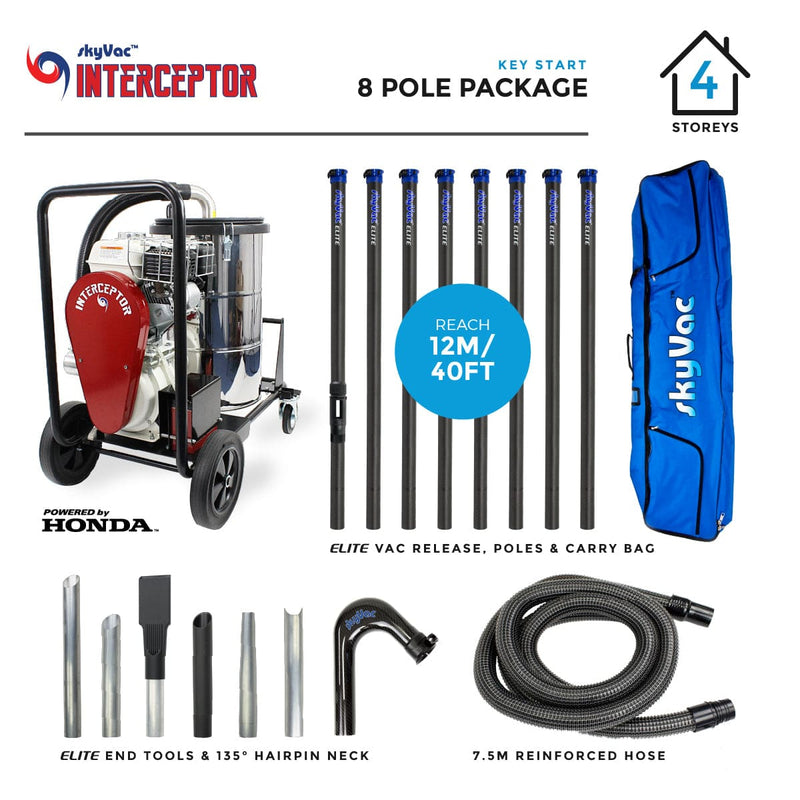 SkyVac Vacuum Cleaner Key Start With 8 Elite Poles 40ft (12m) SkyVac Interceptor With High Reach Pole Set - On Board Honda Engine With Upto 155 Inch Water Lift Interceptor Key Start 8 Pole Kit - Buy Direct from Spare and Square