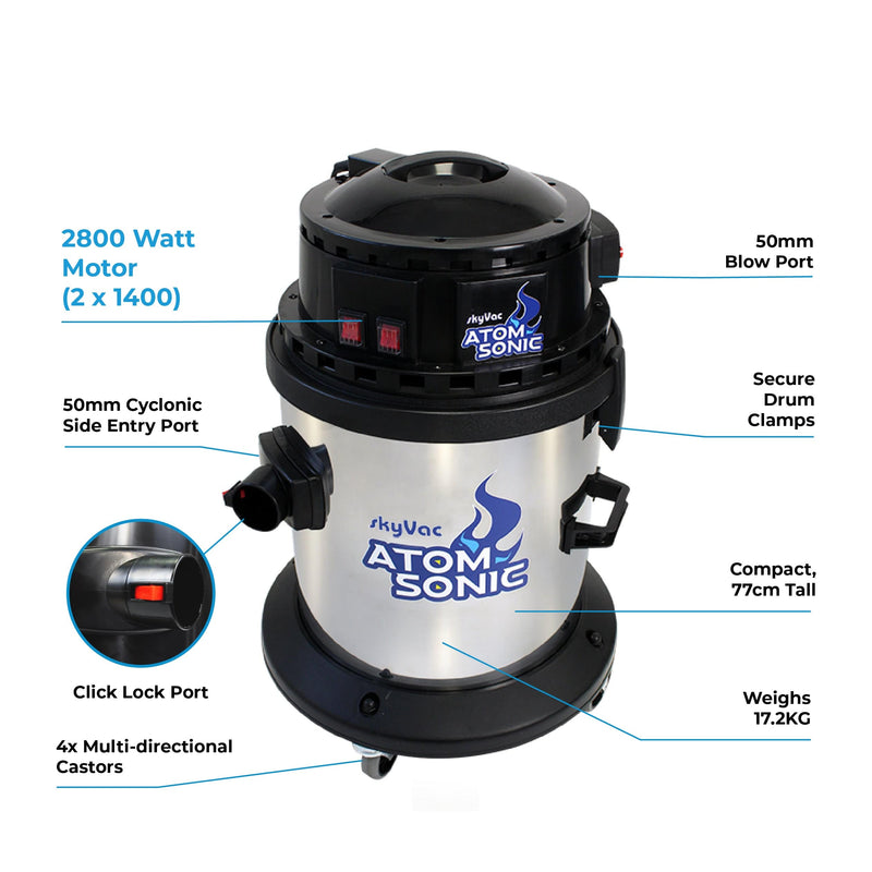 SkyVac Vacuum Cleaner SkyVac Atom Sonic With High Reach Pole Set - Compact, Twin Motor, 45l Steel Drum - Buy Direct from Spare and Square