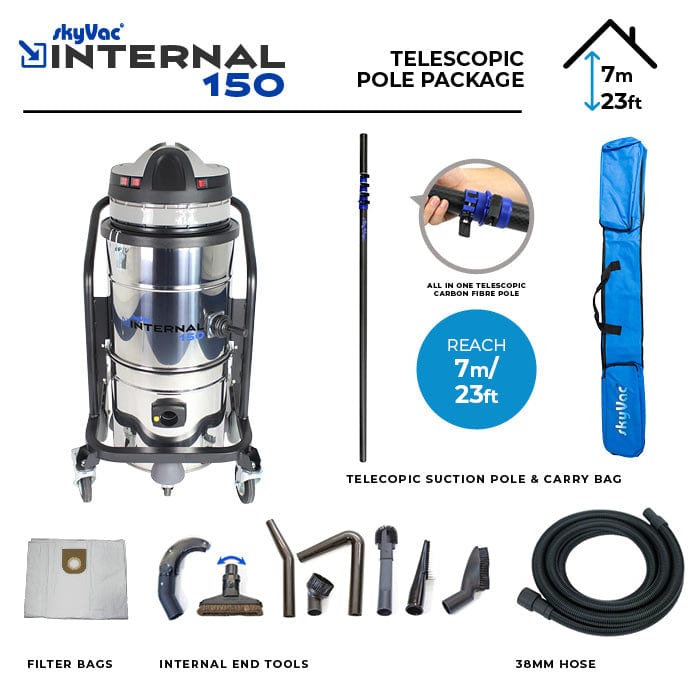SkyVac Internal 150 With High Reach Telescopic Suction Pole or Push Fit Poles - Vacuum Cleaner