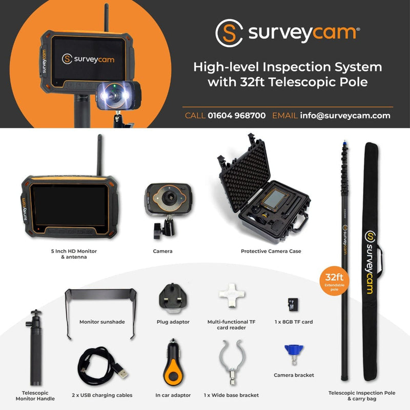 SkyVac Vacuum Spares 32ft Telescopic Pole & Camera System SurveyCam High-Level Inspection System For External or Internal Projects Survey Cam - Camera System With 32ft Pole - Buy Direct from Spare and Square