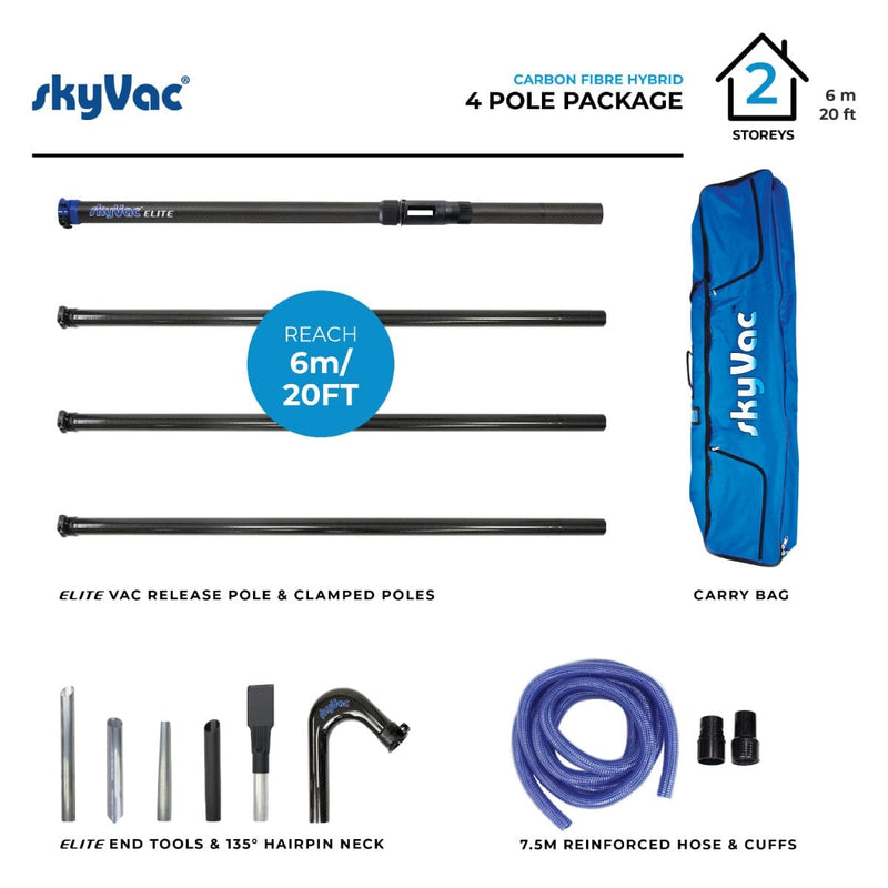 SkyVac Vacuum Spares 4 Poles 20ft (6m) skyVac Premium 50mm Clamped Carbon Fibre Gutter Pole Set Premium 51m Pole Set 4 Pole - Buy Direct from Spare and Square