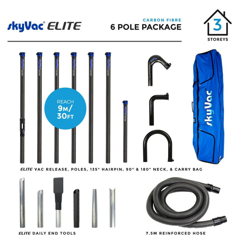 SkyVac Vacuum Spares 6 Elite Poles 30ft (9m) SkyVac External High Reach Elite Pole Set With Hose, Neck & Tool Set - 20ft to 40ft Elite Pole Set 6 Pole Kit - Buy Direct from Spare and Square