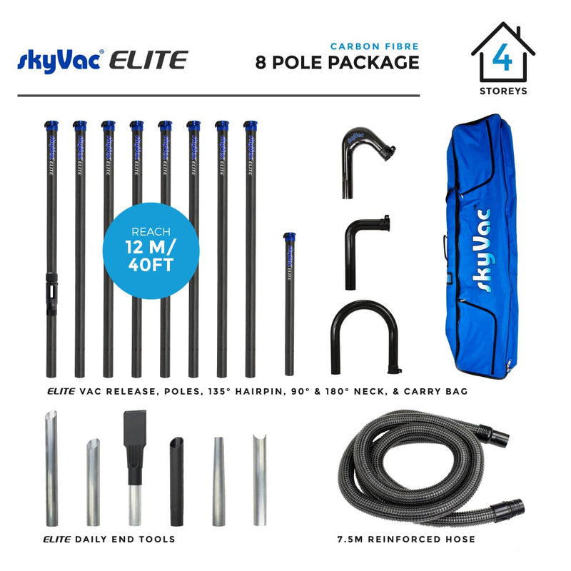 SkyVac Vacuum Spares 8 Elite Poles 40ft (12m) SkyVac External High Reach Elite Pole Set With Hose, Neck & Tool Set - 20ft to 40ft Elite Pole Set 8 Pole Kit - Buy Direct from Spare and Square