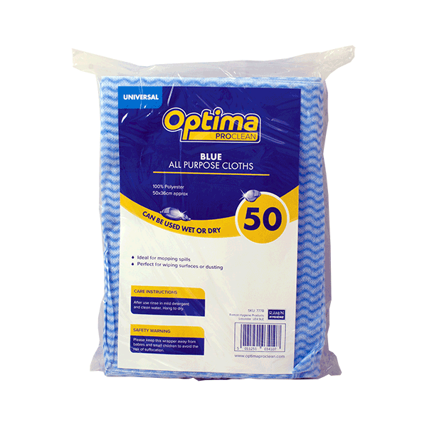 Spare and Square All Purpose Cloths Blue Optima Proclean Spunlace All Purpose Cloths - Colour Coded - Pack of 50 - 50 x 36cm 777B - Buy Direct from Spare and Square